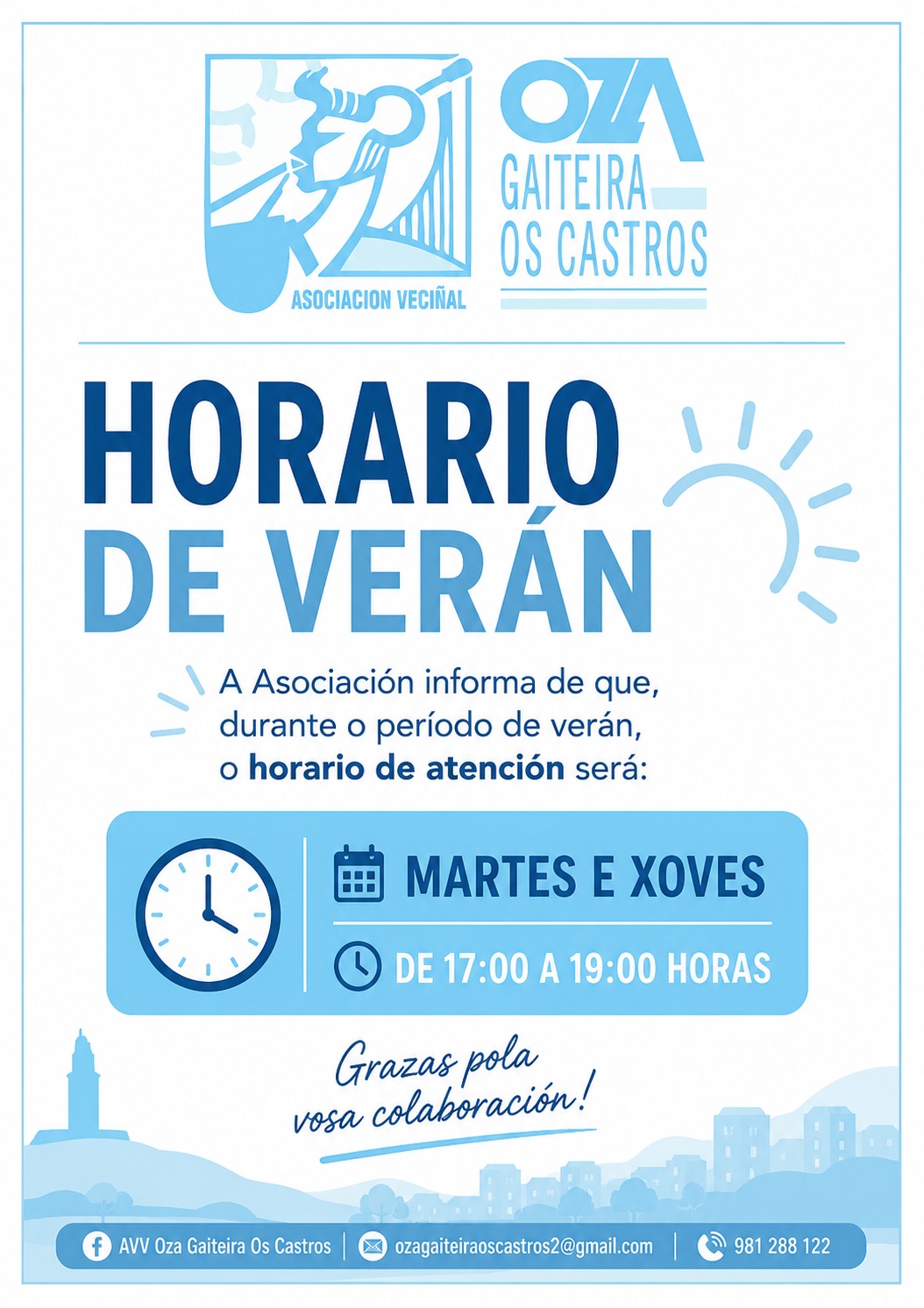 Horario de verán na Asociación Oza-Gaiteira-Os Castros